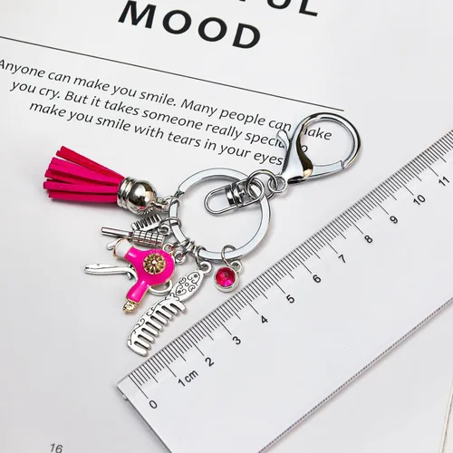 Miniatura 3 de Fuqimanman2020 Peine tijeras secador de pelo llavero con borla y diamante negro encanto peluquero estilista regalo joyería