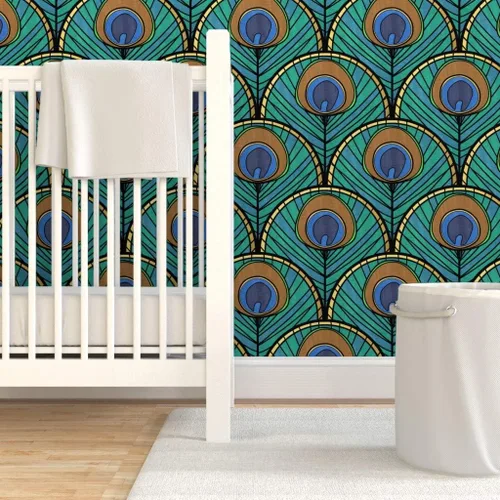 Miniatura 6 de Spoonflower Despegar y pegar papel pintado Swatch – Patrón de abanico Art Deco de pavo real pluma azul verde 1920 inspirado vintage dorado estampado