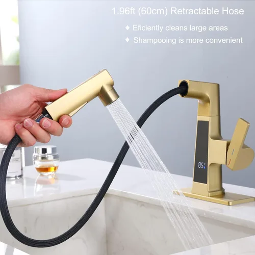 Miniatura 2 de Grifo de baño LED con rociador extraíble, pantalla de temperatura dorada cepillada, 2 modos de pulverización, grifo RV de 1 o 3 agujeros con placa