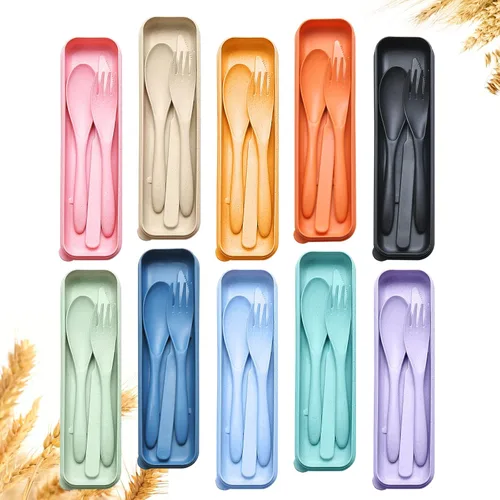 Miniatura 12 de YDYTOP Juego de utensilios de viaje reutilizables con estuche, cuchillo portátil de paja de trigo beige, tenedor, cucharas, vajilla, cubiertos