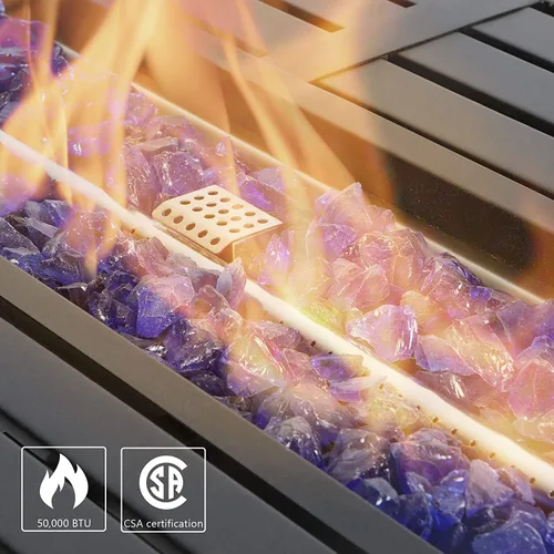 Miniatura 3 de PHI VILLA Mesa para fogata de gas, 45 pulgadas, rectangular, grande, larga, para exteriores, propano 50000 BTU, mesa de fuego con tapa y vidrio azul