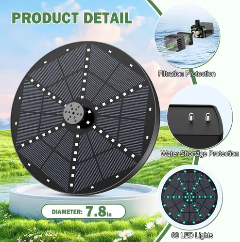 Miniatura 7 de Yzert Fuente solar mejorada para pájaros con 60 luces LED, bomba de fuente de agua con batería de 4000 mAh, 7 boquillas, 4 fijadores, para jardín
