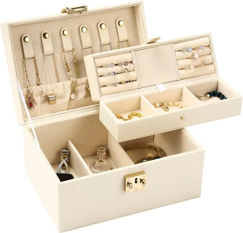 CHFONG Joyero de 2 capas de piel sintética soporte de joyería portátil de viaje extraíble para collares aretes anillos pulseras joyeros organizador