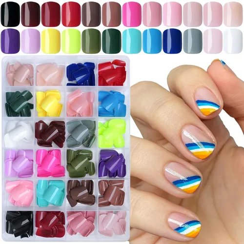 Miniatura 8 de AddFavor 576 uñas postizas a presión de almendra, uñas postizas medianas de cobertura completa, uñas cortas de aguja a presión, uñas postizas