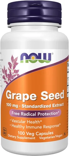 NOW Suplementos, Semilla de Uva 100 mg - Extracto estandarizado, extracto altamente concentrado con un mínimo de 90% de polifenoles, con vitamina C,