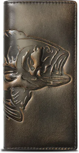 HoJ Co. BASS FISH Cartera larga para hombre Cuero de grano completo con acabado pulido a mano Cartera larga plegable Cartera Rodeo Regalo de