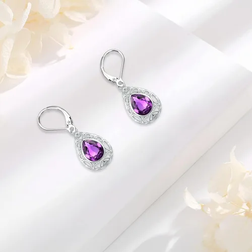 Miniatura 221 de Aretes colgantes de plata de ley con diseño de árbol de la vida, flor, abeja, animales, gato, colibrí, piedra lunar, turquesa, aretes con cierre