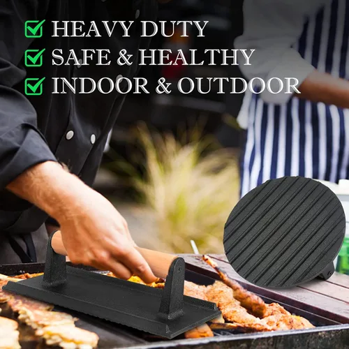 Miniatura 7 de HaSteeL Prensa de tocino de hierro fundido, prensa de hamburguesa para plancha Teppanyaki de parte superior plana, prensa redonda resistente de 7