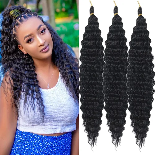 Pelo ondulado de ganchillo de 18 pulgadas, cabello rizado trenzado, 3 paquetes de cabello trenzado de onda profunda para diosa, trenzas sin nudos,