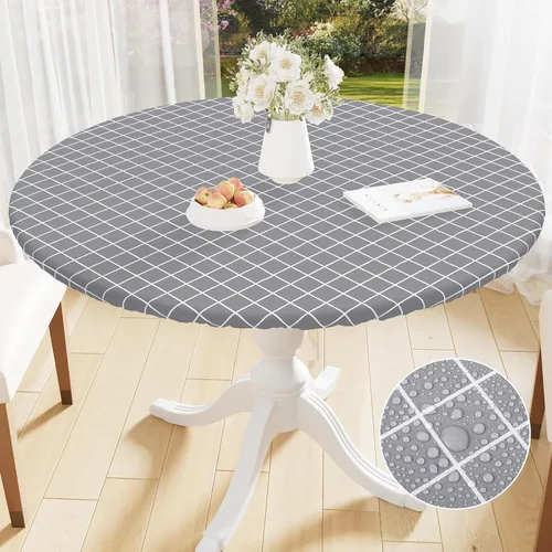 Miniatura 15 de Mantel redondo de vinilo de 36 a 44 pulgadas, mantel elástico impermeable con reverso de franela, mantel de plástico para picnic, campamento, al Café
