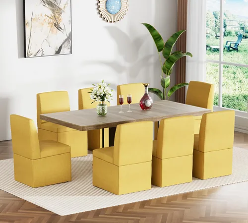 Miniatura 13 de Juego de mesa de comedor extensible para mesa de cocina extensible de 4, 5 piezas y 4 sillas de almacenamiento ocultas de lino tapizadas de madera