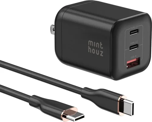 Minthouz Cargador GaN de 67 W, adaptador de corriente de carga rápida de 3 puertos con tipo C y USB-A, para iPhone 17/16/15, iPad Pro, MacBook