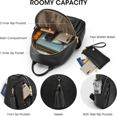 Miniatura 4 de Kattee Mochila de cuero genuino para mujer, suave, casual, bolsa de viaje de moda con cartera de muñeca, Negro