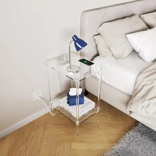 Miniatura 6 de Eglaf Mesa auxiliar de acrílico con estación de carga y puertos USB, mesita de noche pequeña para sala de estar, dormitorio, 15.7 pulgadas de largo