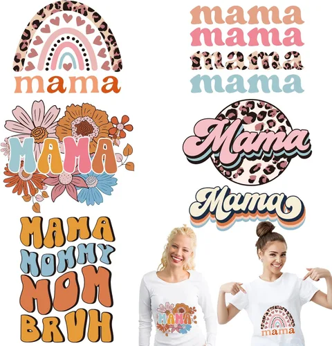 Whaline 6 hojas de parches para planchar con texto en inglés "Mama Boho, para planchar con estampado de arcoíris, flores, leopardo, mamá", vinilo