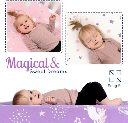 Miniatura 6 de GROW WILD Sábanas bajeras ajustables para cuna de unicornio y arcoíris para niña (paquete de 3), sábana bajera de algodón de jersey suave, colchón