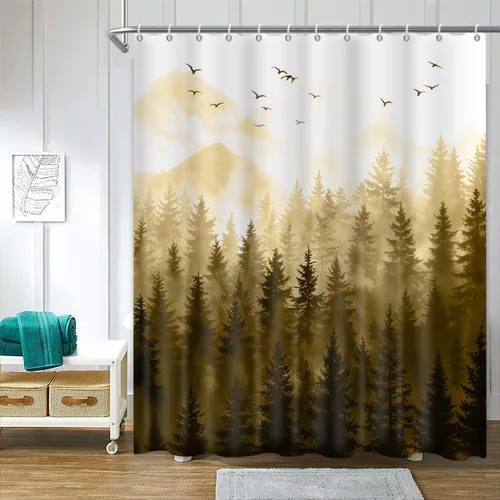 Miniatura 7 de Cortina de ducha de bosque natural, diseño de pino, paisaje de árbol de pino negro, cortina de bañera decoración de baño, tela de poliéster