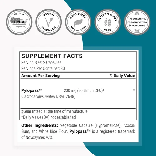 Miniatura 4 de Supersmart H. Pylori Fórmula 20 mil millones de UFC por día (alta potencia) - Probiota patentado Pylopass Lactobacillus Reuteri DSM 17648 Sin OMG