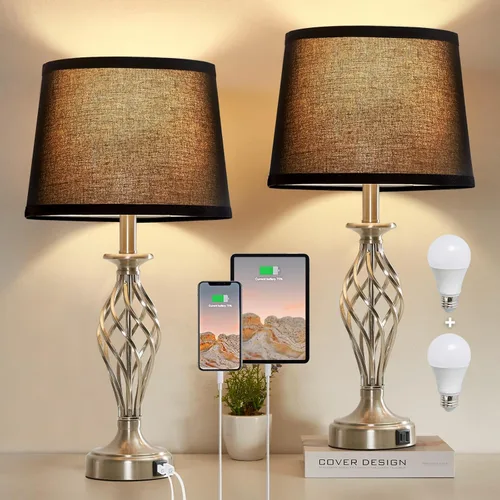 Juego de 2 lámparas de mesa para dormitorio con puertos USB C+A, lámparas modernas de mesita de noche con base de jaula en espiral, pantalla de Base