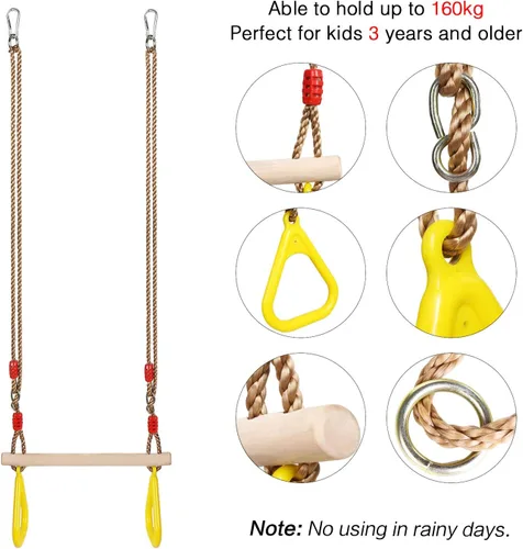 Miniatura 5 de PELLOR - Barra de trapecio de madera para juegos infantiles con anillos de gimnasio de plástico, juego de columpio para diversión en interiores