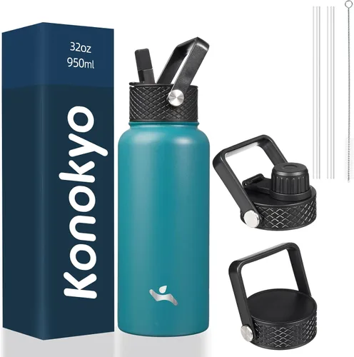 Miniatura 35 de Konokyo - Botella de agua aislada de 18 onzas, botellas deportivas de acero inoxidable con 3 tapas, verde militar