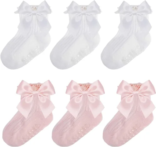 Miniatura 18 de Calcetines para bebé niña con agarre antideslizante con volantes con lazos, algodón suave, calcetines con empuñaduras para bebé recién nacido