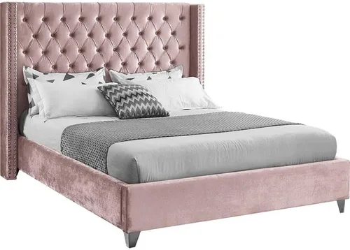Miniatura 24 de Meridian Furniture – Cama con respaldo de terciopelo abotonado, Aiden-Q-Aiden, con recortes cromados con forma de cabezal de clavos y patas Gris