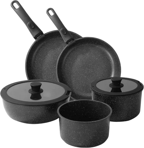 Juego de utensilios de cocina de cerámica, 9 piezas, ollas y sartenes con asas desmontables, juego de cacerolas de cocina, sartén de inducción Negro