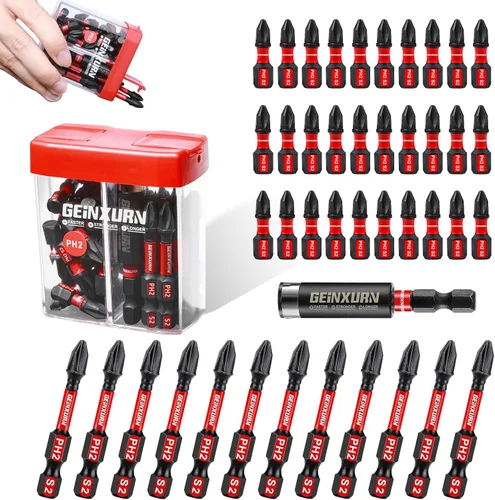 Geinxurn Juego de Puntas de Destornillador de Impacto #2 Phillips, 43 piezas Brocas Magnéticas PH2 (1" y 2") S2 de Acero con Caja de Almacenamiento