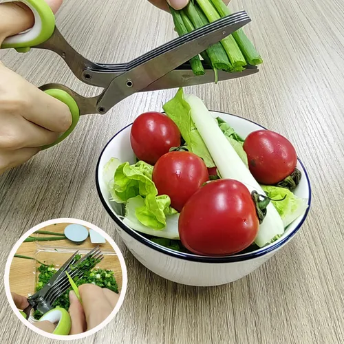 Miniatura 5 de Tijeras de hierbas, tijeras de hierbas de cocina con 5 cuchillas de acero inoxidable y cubierta, cortar hierbas y verduras de cocina, tijeras