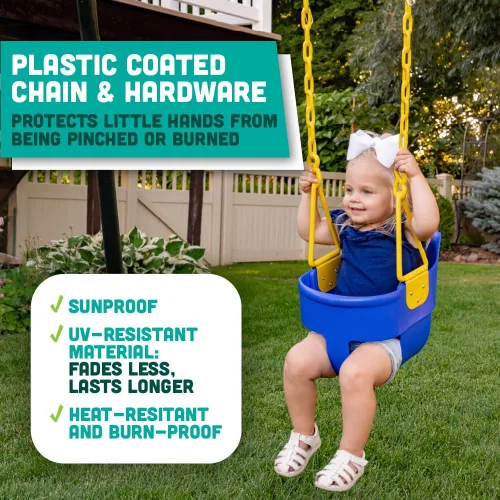 Miniatura 4 de Asiento de columpio para niños pequeños con respaldo alto y agarre para los dedos, cadenas recubiertas de plástico y mosquetones para una fácil Azul