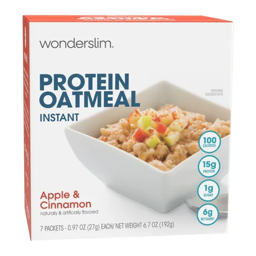 WonderSlim Proteína de avena, manzana 'n canela, 130 calorías, 0.42 oz de proteína, 0.14 oz de fibra (7 unidades)