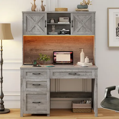Escritorio ejecutivo Farmhouse de 67" de altura con estante superior, escritorio de oficina con 4 cajones y luz LED, mesa de computadora con Gris