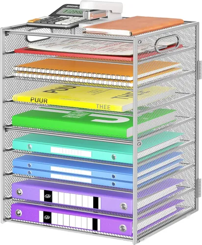 Miniatura 8 de Cawukege Organizador de papel de 9 niveles con asa, organizador de escritorio de gran capacidad, carpeta de archivos de malla, bandeja de papel