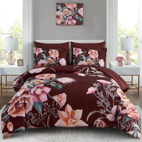 Miniatura 15 de Luxudecor Juego de edredón floral tamaño King de 7 piezas, cama de flores azul marino en una bolsa, elegante edredón floral con juego de sábanas