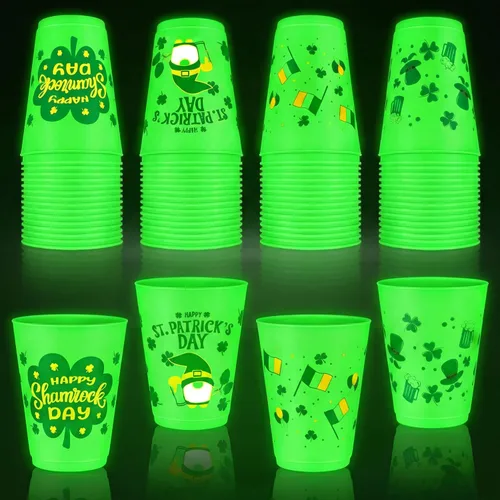 Miniatura 13 de Juego de 24 vasos de plástico esmerilado de 16 onzas que brillan en la oscuridad, vaso verde reutilizable con tréboles, tréboles, duendes, sombrero