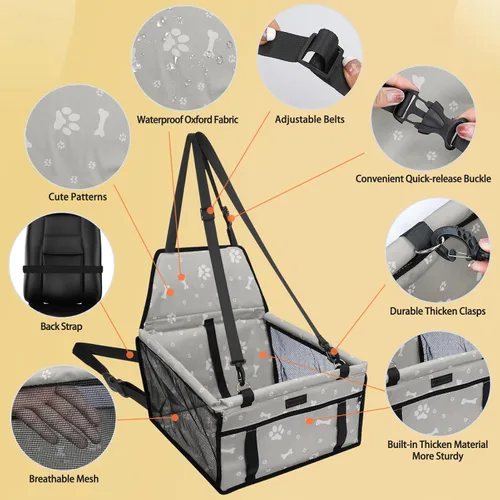 Miniatura 3 de Asiento de Coche para Perro Plegable Asiento Elevador de Coche para Perro Impermeable Transpirable Bolsa de Viaje Oxford para Perros Pequeños a gris