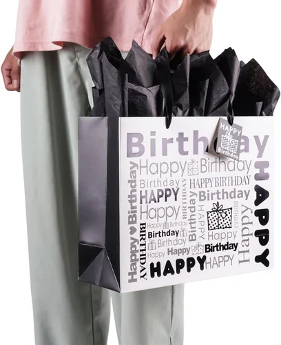 Miniatura 7 de JWSCYSY 1 bolsa de regalo grande blanca y negra con papel de seda, bolsa de regalo de feliz cumpleaños para hombres y mujeres, 12.6 x 10.25 x 4.7