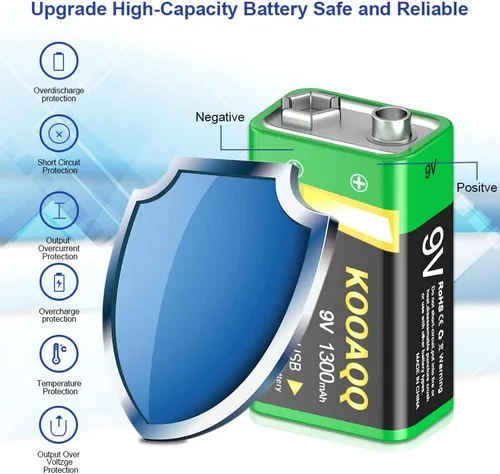 Miniatura 3 de Baterías recargables de 9 V, batería de litio de 1300 mAh de 9 voltios para alarmas de humo, micrófonos, walkie-talkie, juguetes, etc., recarga