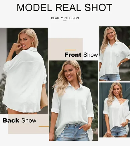 Miniatura 5 de Astylish Camisas de gran tamaño con botones para mujer, manga 34, cuello en V, texturizadas