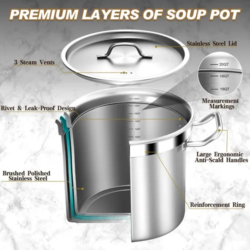 Miniatura 5 de Olla de Caldo de Acero Inoxidable Cepillado de 20 Cuartos con Tapa - Olla de Caldo Grande - Ollas de Caldo de Inducción de Servicio Pesado de Grado