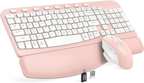 Miniatura 11 de Combo de teclado y mouse inalámbricos – Tecla de onda ergonómica, reposa muñecas de cuero suave incorporado, 2.4G de tamaño completo, 8 teclas