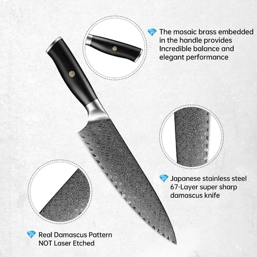 Miniatura 3 de Cuchillo de chef de Damasco de 8 pulgadas, núcleo de corte de acero HC 10Cr15CoMoV recubierto con 72 capas de acero de Damasco, mango de madera