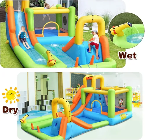 Miniatura 8 de OLAKIDS Tobogán acuático inflable, casa de rebote 7 en 1 con 2 toboganes de escalada de pared, piscina con 2 columnas de anillo, pistola de agua