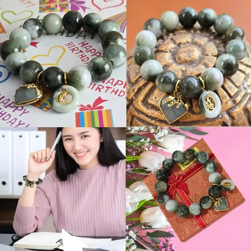 Miniatura 4 de Pulsera de jade tailandés de 0.55 pulgadas – Cuentas redondas a rayas verdes naturales Pulsera elástica de energía curativa con dije de corazón