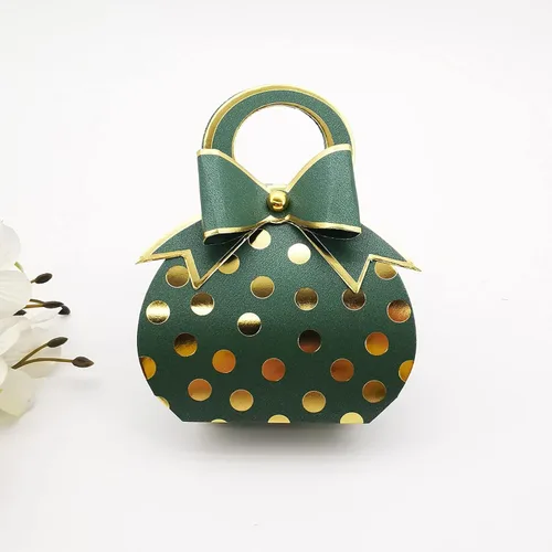 Miniatura 2 de 50 piezas de bolsas con lazo decorativo verde y dorado con lunares de papel metalizado dorado, cajas de regalos de boda para dulces con lazo y asa