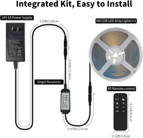 Miniatura 6 de Tira de luz LED COB 3000K 20 pies/6M blanco cálido regulable de alto lumen con control remoto RF adaptador certificado UL 24V adhesivo adecuado
