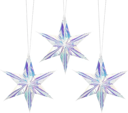 Paquete de 3 adornos holográficos colgantes de estrella de 6 puntos, adorno decorativo de techo de lámina blanca iridiscente brillante para decorar