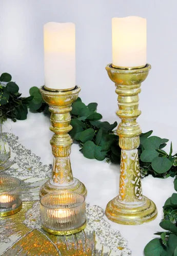 Miniatura 5 de Portavelas de madera maciza – Juego de 3 candelabros tallados a mano – Centro de mesa bohemio rústico para otoño, Acción de Gracias, Navidad, día