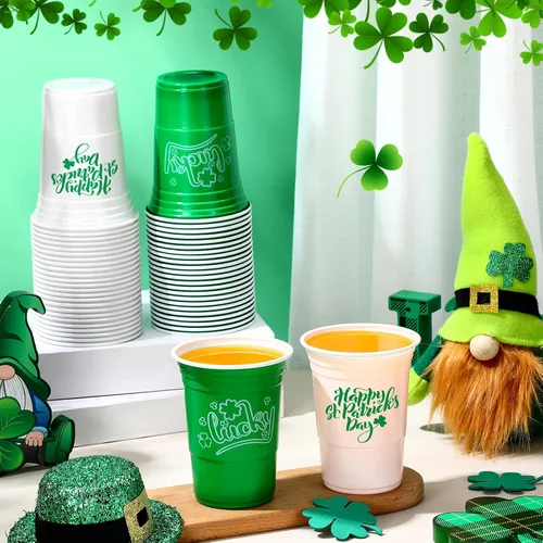 Miniatura 4 de Pickmesh 50 piezas de vasos de plástico para el Día de San Patricio de 16 onzas con diseño de trébol de la suerte, vasos desechables